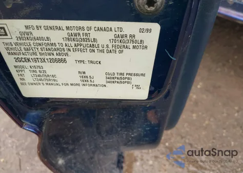 1999 Chevrolet Silverado 1500 Ls из США, поврежденный, VIN 2GCEK19T3X1206866